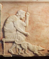 Animal baiting, alívio de uma base de estátua encontrada no cemitério de Dipylon, Atenas, detalhe de mármore c.510 BC de 60011